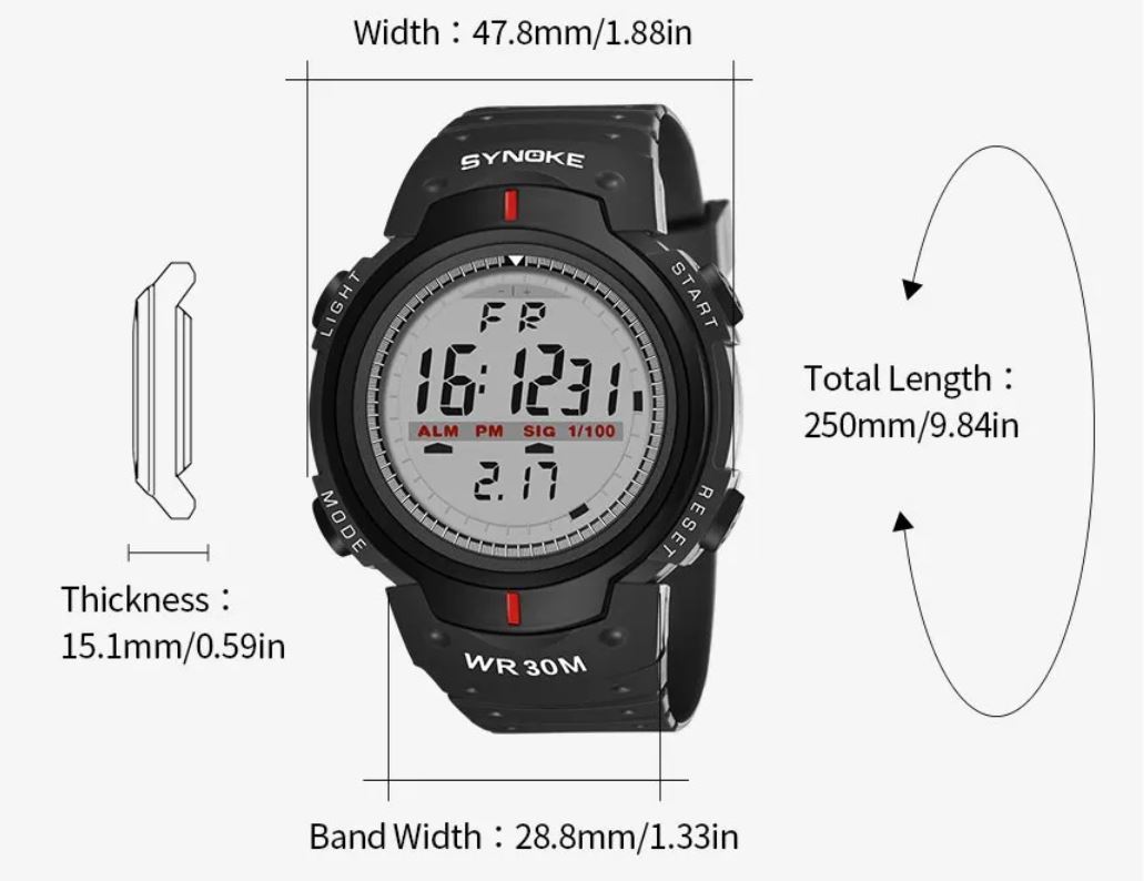 送料無料　未使用品　カスタムカラー　SYNOKE デジタルウォッチ メンズ腕時計　ブラック　（ワンポイントカラー　レッド）