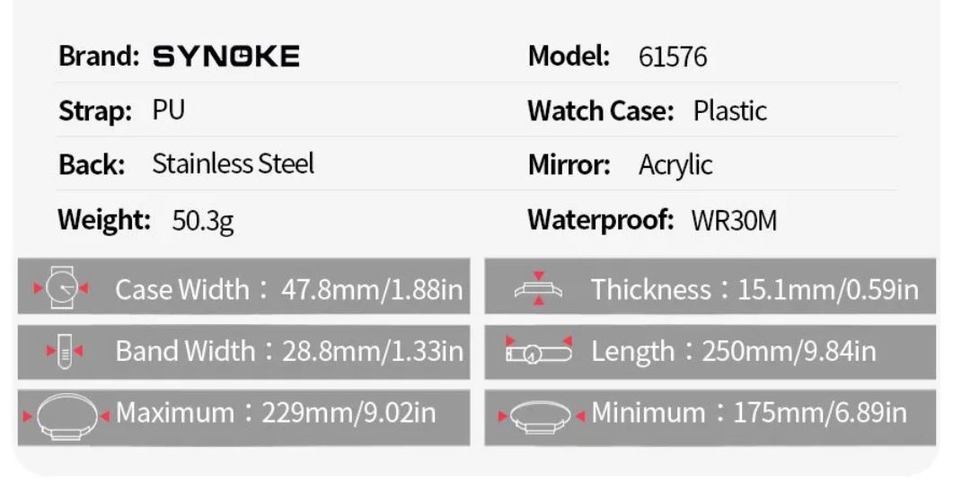 送料無料　未使用品　カスタムカラー　SYNOKE デジタルウォッチ メンズ腕時計　ブラック　（ワンポイントカラー　レッド）
