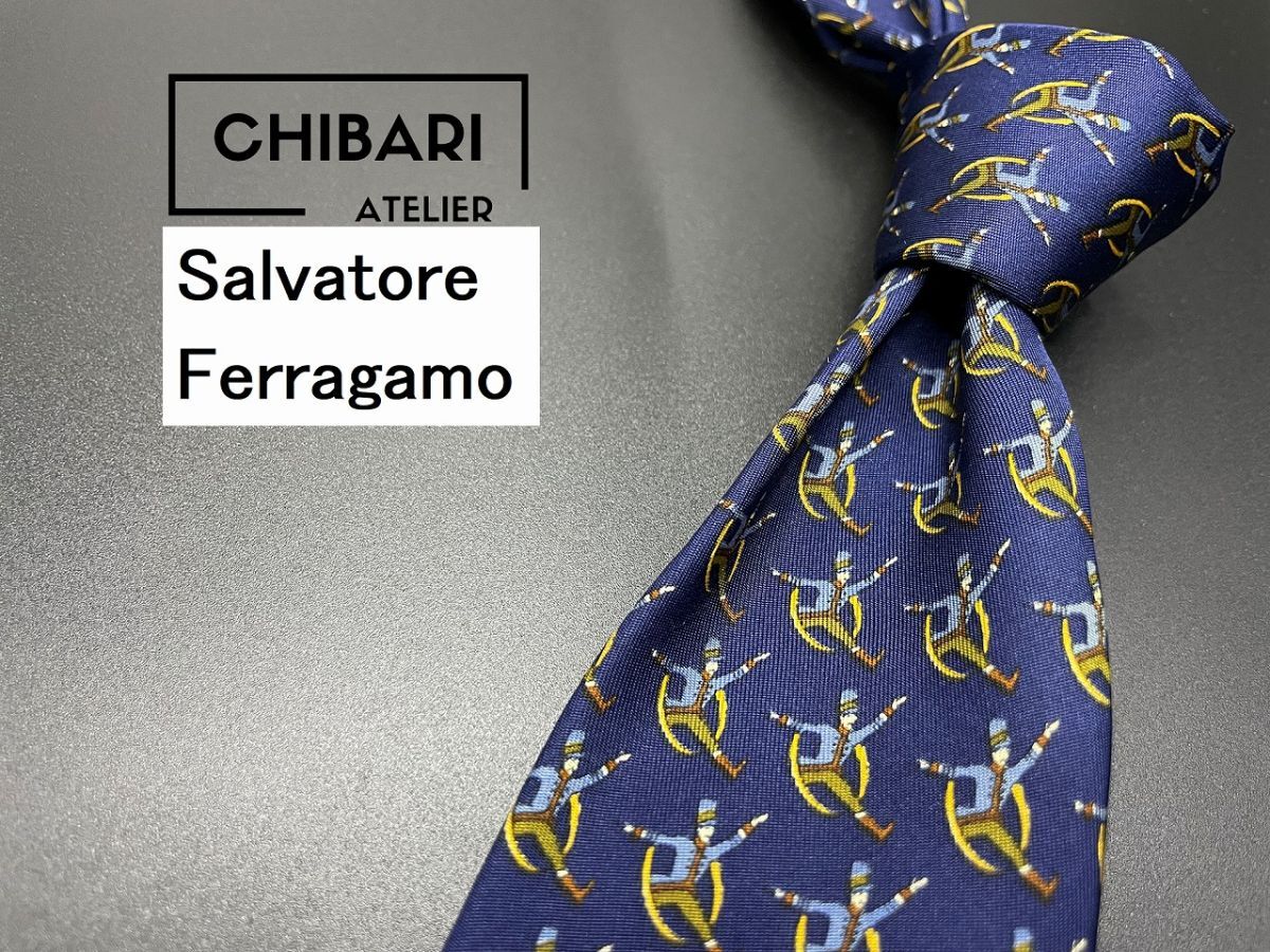 【超美品】Salvatore Feragamo フェラガモ ネクタイ 3本以上送料無料 ネイビー 0502223の画像1