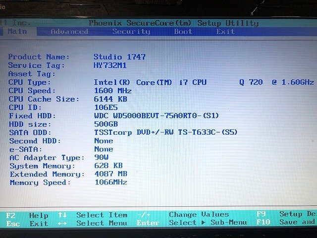 STG40427相 Dell ノートPC Studio 1747 Core i7-Q720 メモリ4GB HDD500GB ジャンク 直接お渡し歓迎の画像2