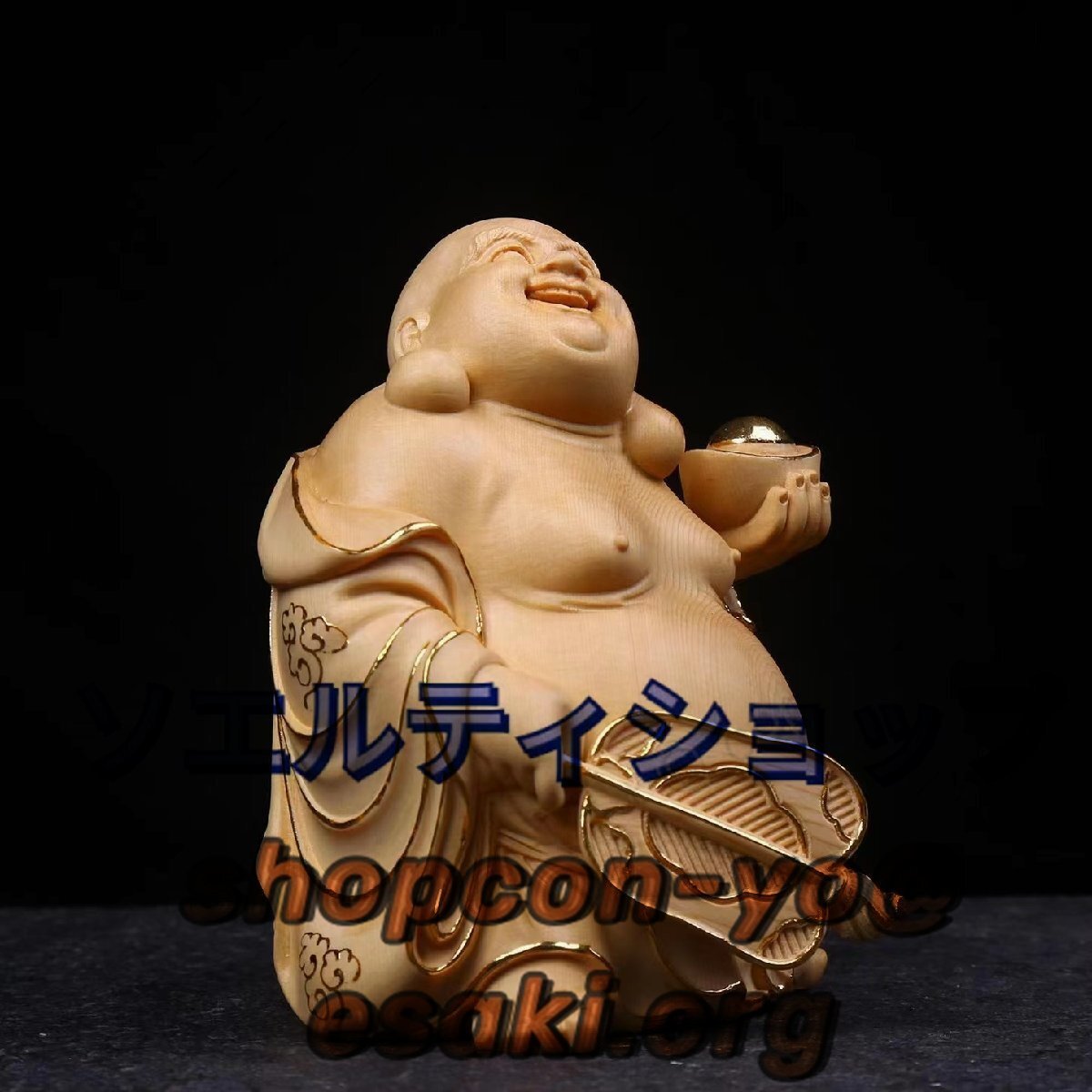 人気新品！仏像 木彫り 布袋様 置物 桧木製高級木彫り(高さ15cm×巾11cm) 金運 お守り_画像5