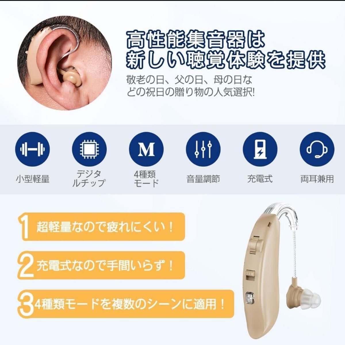 充電式集音器★高齢者向け★耳掛け式 両耳兼用 音量4段階調整 ノイズ抑え 軽量
