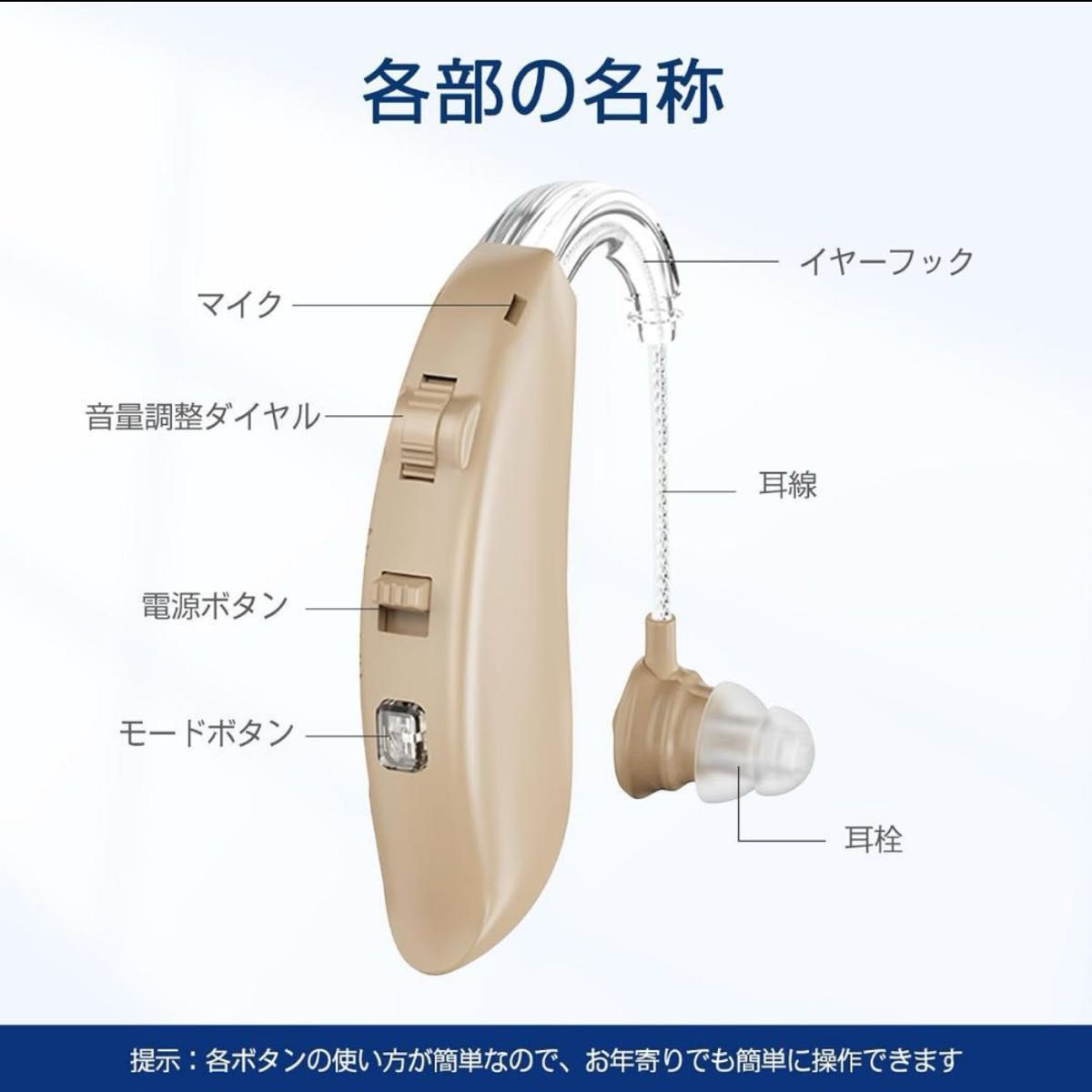 充電式集音器★高齢者向け★耳掛け式 両耳兼用 音量4段階調整 ノイズ抑え 軽量