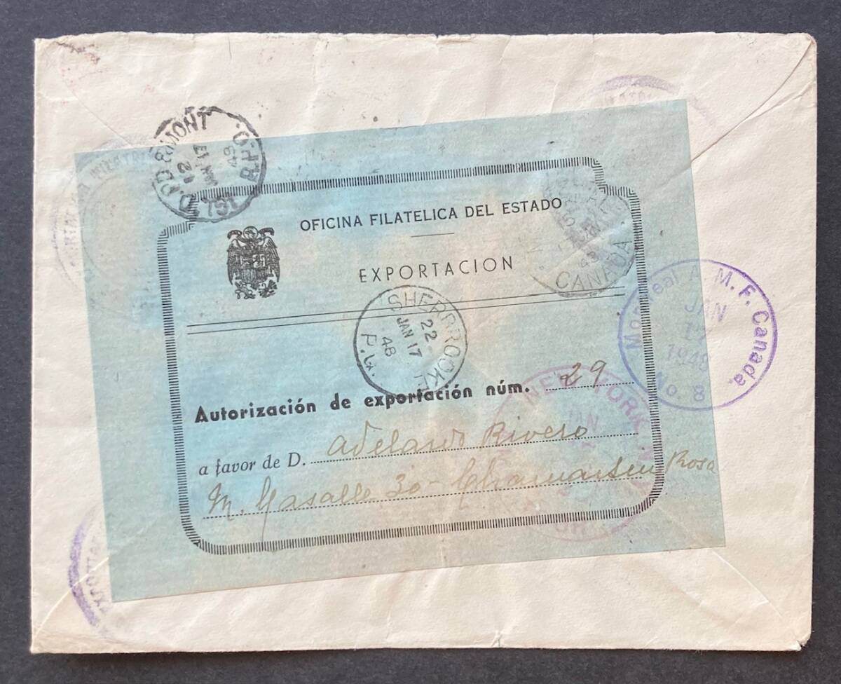 [ Spain ]1948 year aviation registered mail out confidence flight mado Lead difference . Canada addressed to entire * large sum surface stamp * aviation stamp etc. many .+ aviation registered mail date seal relay seal great number 
