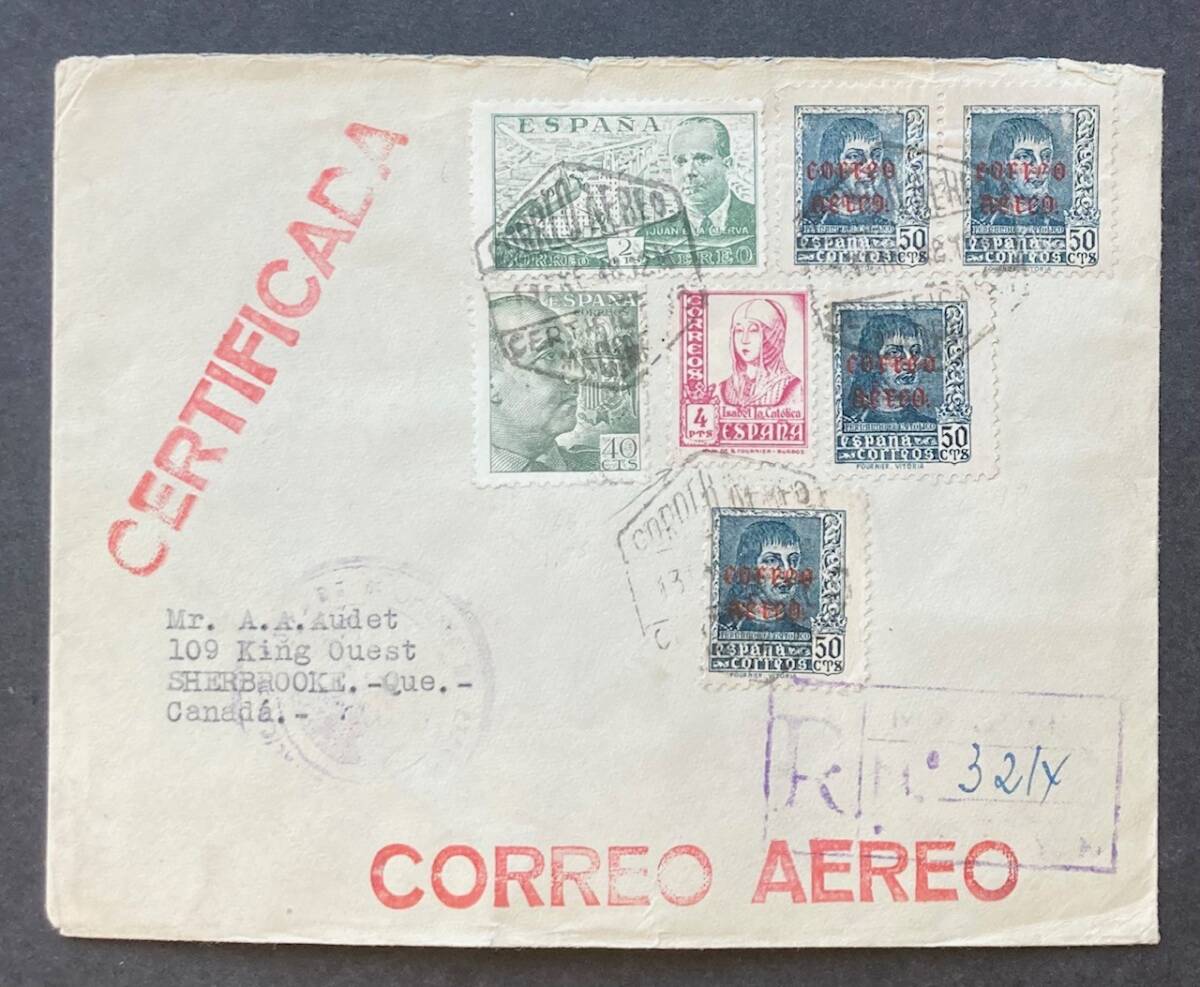 [ Spain ]1948 year aviation registered mail out confidence flight mado Lead difference . Canada addressed to entire * large sum surface stamp * aviation stamp etc. many .+ aviation registered mail date seal relay seal great number 