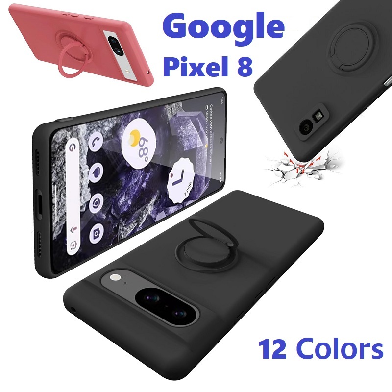 Google Pixel8用 リング付 硬質シリコン ソフトバックカバー 落下防止 スタンド ストラップ付 黒_画像1