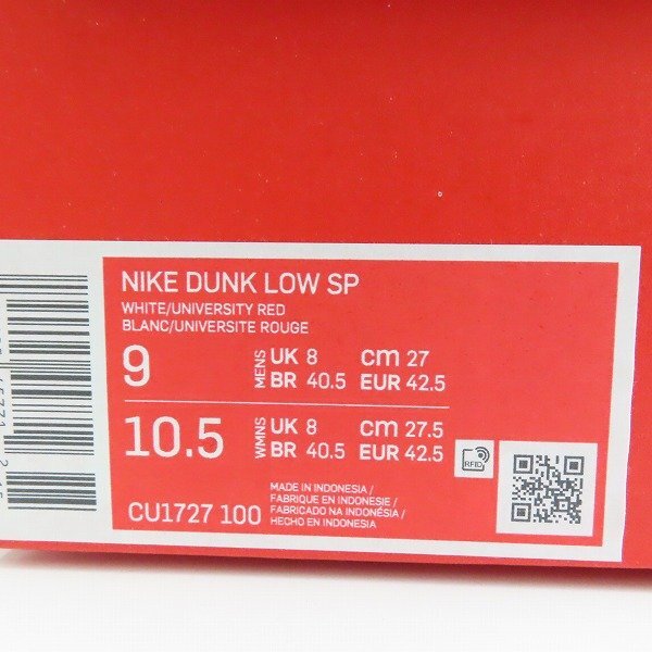 【未使用】NIKE/ナイキ DUNK LOW UNIVERSITY RED/ダンクロー ユニバーシティレッド CU1727-100/27 /080_画像10