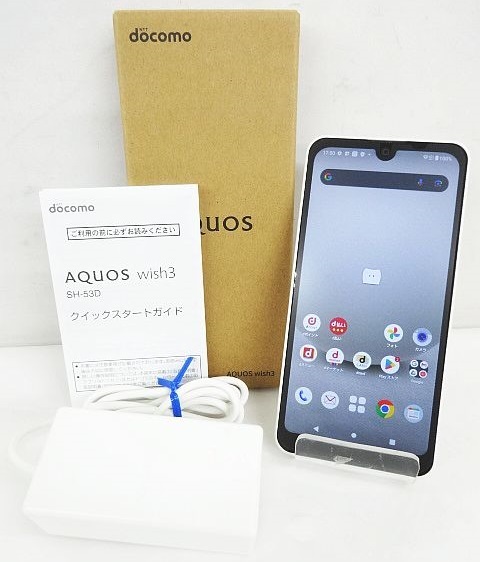 外観美品 docomo AQUOS wish3 SH-53D ホワイト スマートフォン スマホ docomo純正 ACアダプタ08 判定〇 SIMフリー 現状品 ★2772_画像1