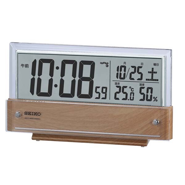 セイコー 電波時計 目覚し時計 SQ782B 温湿度表示 日付 薄茶木目模様 デジタル_画像1