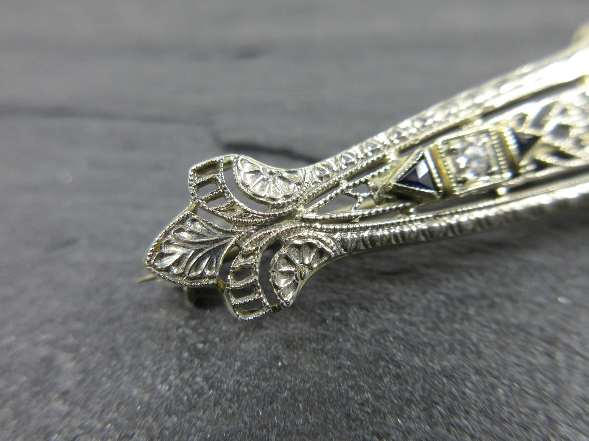 [ Vintage jewelry ]14K WG 1 bead 5.4mm Akoya pearl diamond sapphire ... Mill strike . design brooch 6g J04