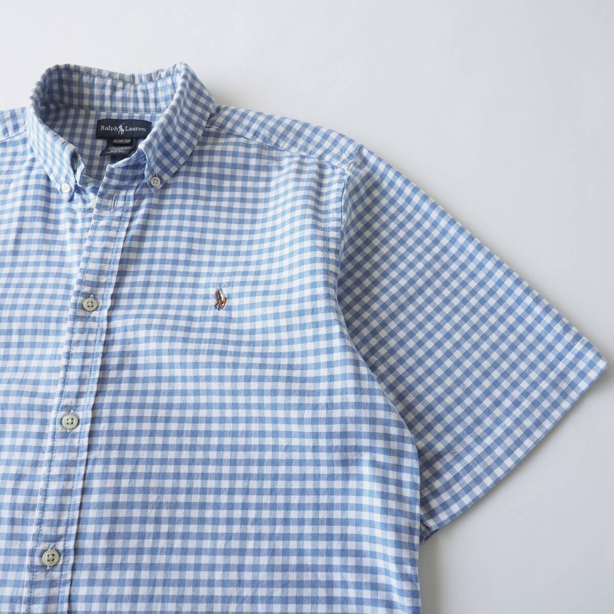 ラルフローレン　Ralph Lauren　BDシャツ　半袖　ギンガムチェック柄　水色　ポニー刺繍　美品　メンズ
