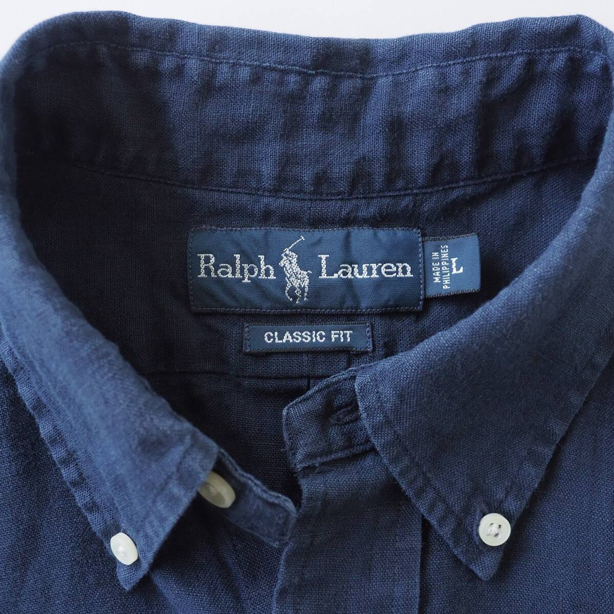 ラルフローレン　Ralph Lauren　リネン１００％　BDシャツ　半袖　ネイビー　赤ポニー　美品　メンズ