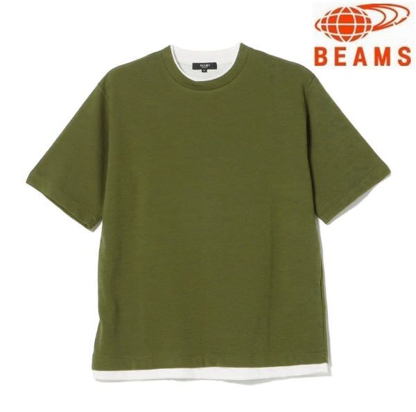 ◆E53 新品 ビームス BEAMS クールタッチ リップル フェイクレイヤー Tシャツ【XL】オリーブ 半袖Tシャツ 重ね着　カットソー_画像1