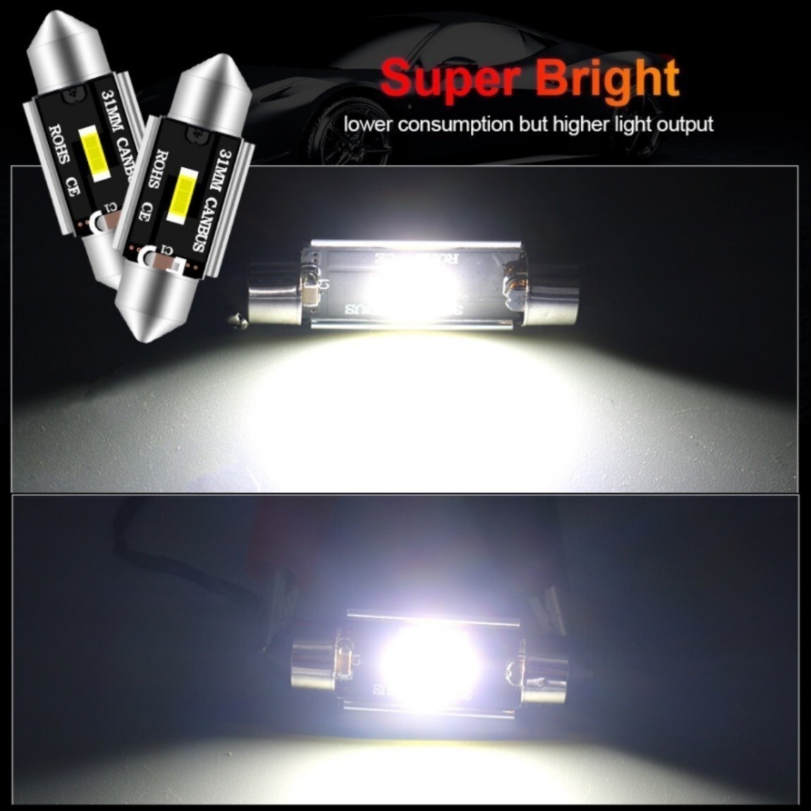 【送料無料】2個 1SMD T10×31mm LED 爆光 ルームランプ 1860SMDチップ 白 ホワイト 6000K 12V LED電球 室内灯 フェストン球_画像5