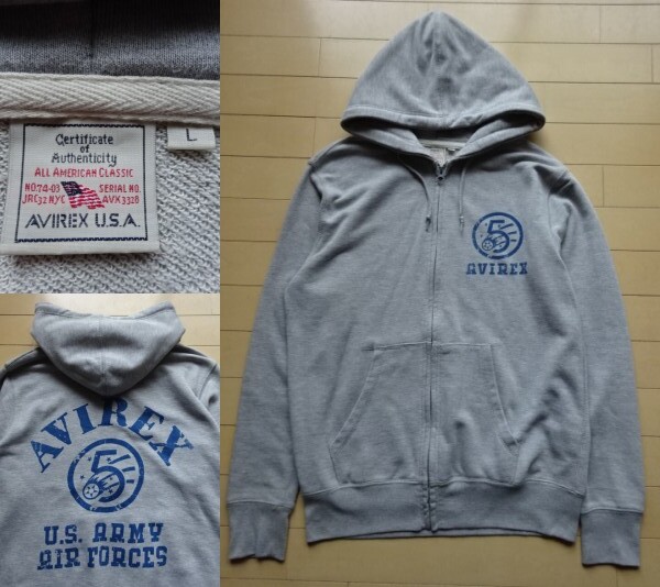 【AVIREX】U.S.ARMY AIR FORCES フルジップ スウェットパーカー ヘザーグレー SIZE:LARGE (アヴィレックス,上野商会,ミリタリー,フライト)_画像1