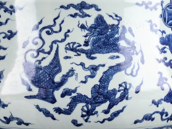 【流】中国美術 染付 龍鳳凰図 火鉢 幅33cm TS631_画像2