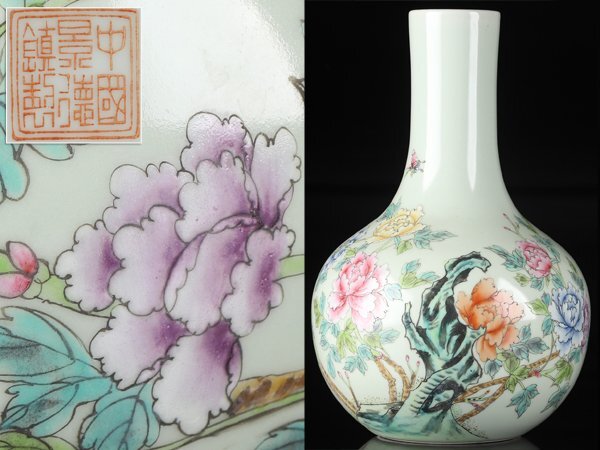 【流】中国景徳鎮製 粉彩花鳥図 花瓶 高33.5cm TS576_画像1