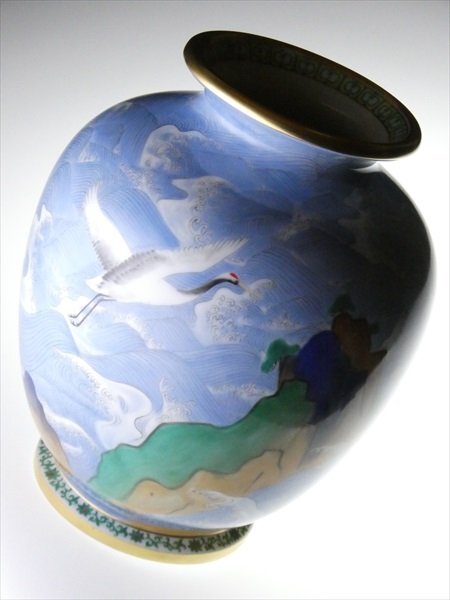n635 ノリタケ 高級シリーズ スタジオコレクション 希少作品 ハンドペイント 在印 波に松鶴絵 大型 ベース 花瓶 飾壷 31.5cmの画像3