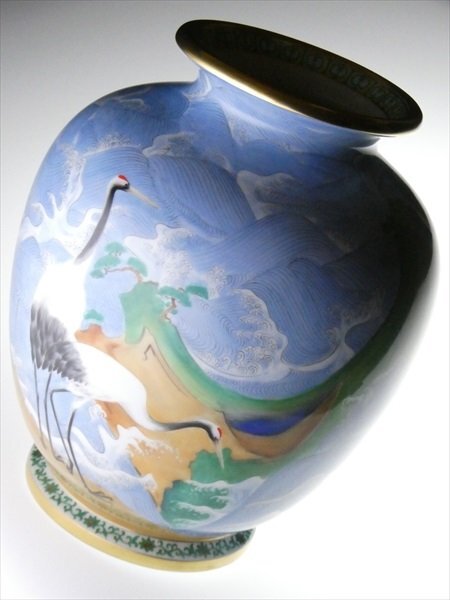 n635 ノリタケ 高級シリーズ スタジオコレクション 希少作品 ハンドペイント 在印 波に松鶴絵 大型 ベース 花瓶 飾壷 31.5cmの画像2
