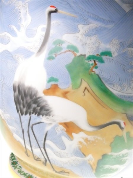 n635 ノリタケ 高級シリーズ スタジオコレクション 希少作品 ハンドペイント 在印 波に松鶴絵 大型 ベース 花瓶 飾壷 31.5cmの画像4