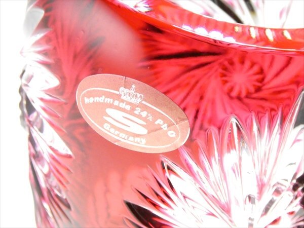 n744 ドレスデン クリスタル 赤被せ カット ベース 花瓶 飾壷_画像4