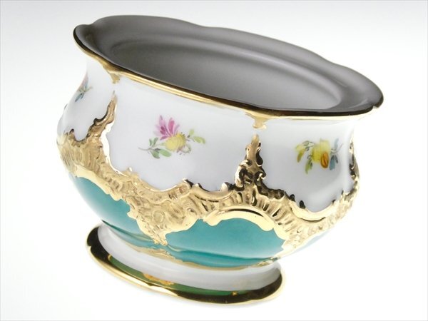 n792 Meissen マイセン 高級シリーズ Bフォーム グリーン グランツゴールド レリーフ 宮廷小花絵 シュガー＆クリーマー シュガー蓋欠品_画像3