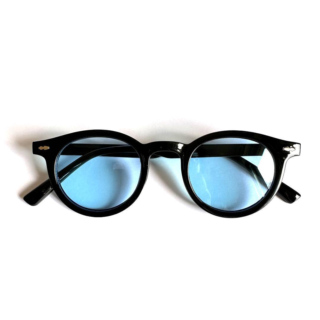 ボストン カラー サングラス ブラック/ブルー UVカット カラーレンズ フレーム だてめがね 大きめ 眼鏡 サングラス_画像3