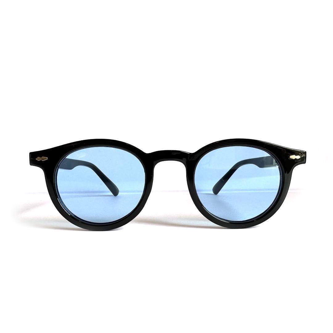 ボストン カラー サングラス ブラック/ブルー UVカット カラーレンズ フレーム だてめがね 大きめ 眼鏡 サングラス_画像2