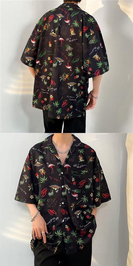 アロハシャツ ブラック 総柄 ビッグシルエット オープンカラー 開襟 半袖 ハワイアン キューバシャツ ヤシの木 フラミンゴ
