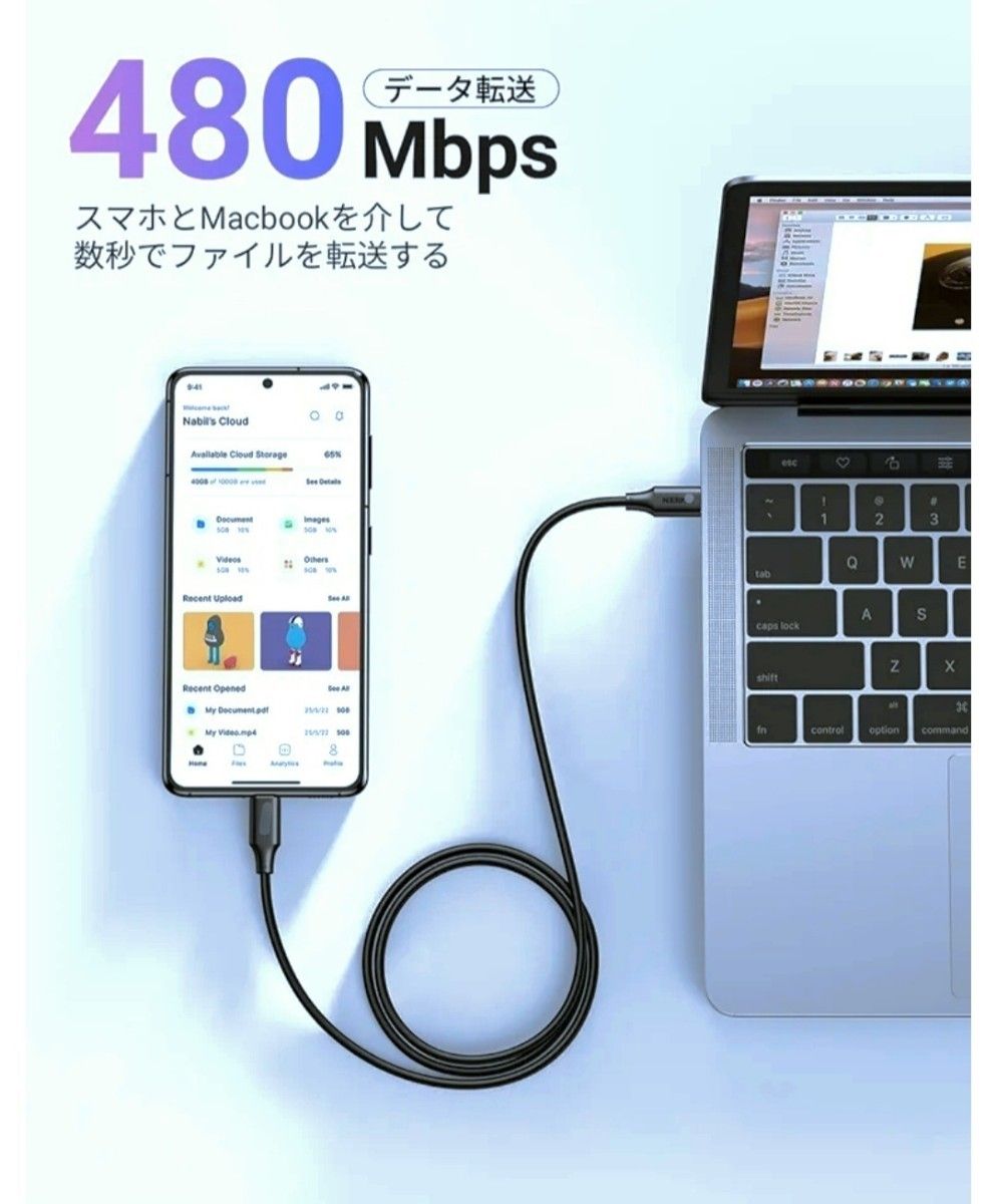 急速充電通信対応 USBケーブル 60W Type-C to Type-C PD対応 