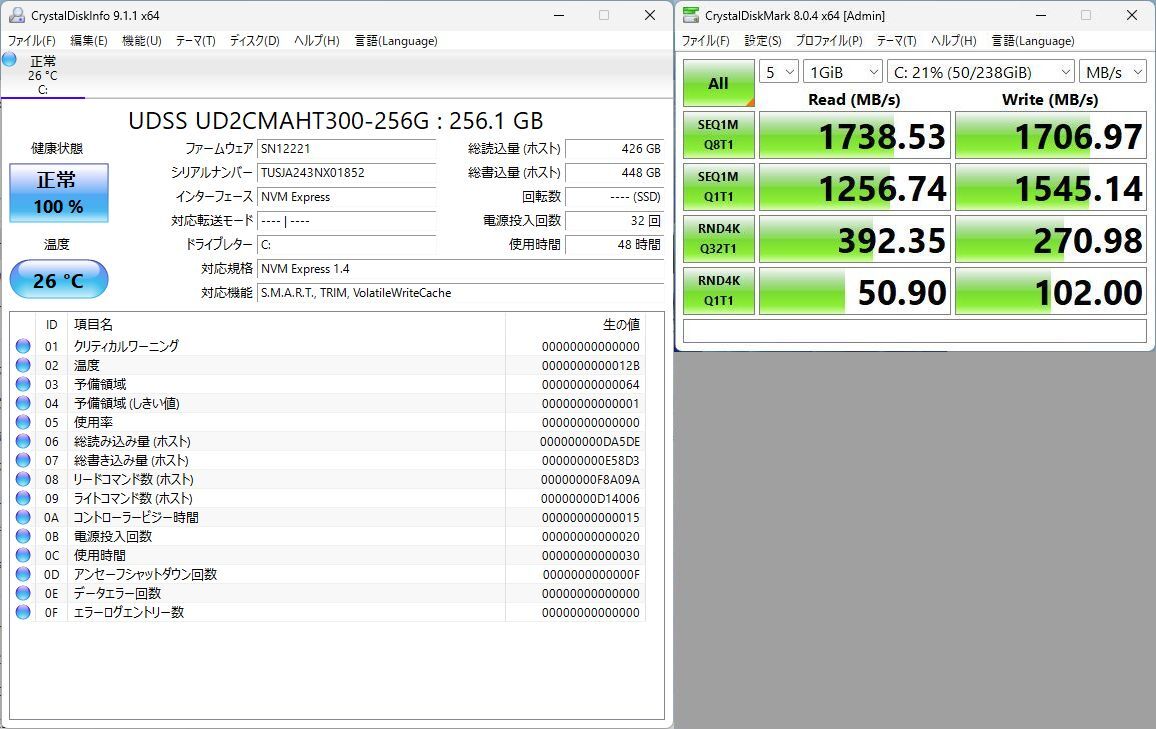 すぐ使えるWindows11/Office2021Pro/SSDで高速起動 DELL Optiplex3060 Core i5-8500 16GBメモリ 256GB(NVMe M.2) 付属品64GBUSBメモリ_起動ディスクSSD(NVMe)の現状です