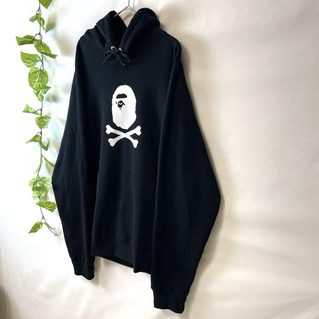 未使用/希少XL/A BATHING APEアベイシングエイプ/BAPE ベイプ/プルオーバー パーカー/カレッジロゴ サル 黒白ブラックホワイト メンズ_画像4