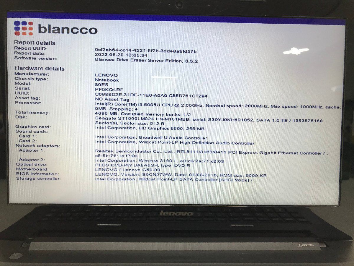 1円 【ジャンク】1週間保証 Blanco消去済 Lenovo G50-80 80E5 Core i3-5005U 4GB HDD1TB 15.6インチ T008604【訳あり】_画像2