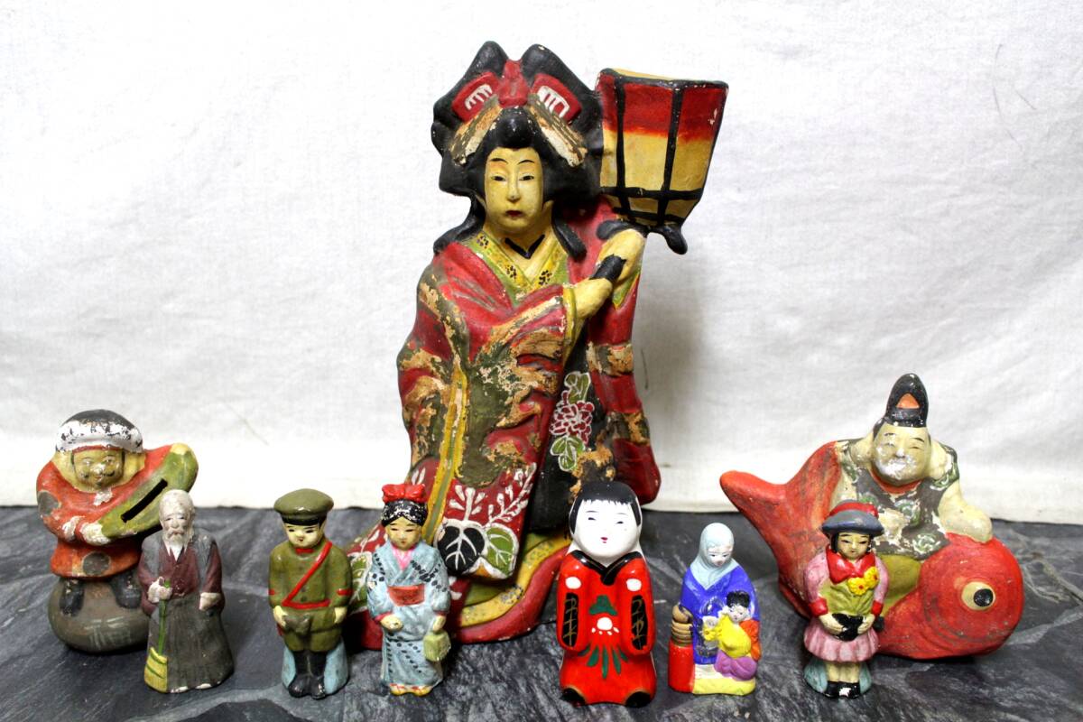 53 rare rare? necessary image verification * earth doll * together 9 point set Suzuki city Taro lamp with a paper shade keep flower ./ sake rice field Seven Deities of Good Luck .../ Takamatsu ../ handicraft * total height approximately 9.65-21.5.