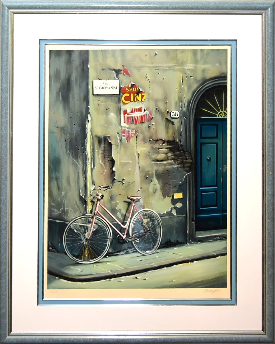 (2-5162)トーマス・プラジンスキー『Une Bicyclettea Florence』130/200 版画 シルクスクリーン 直筆サイン 絵画 真作【緑和堂】_画像1