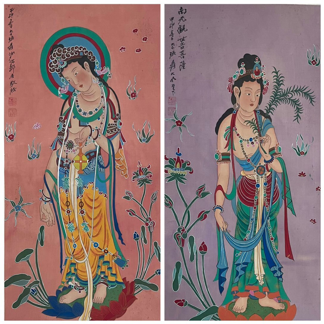 ■観心・時代旧蔵■B614中国古画 張大千 絹本 仏像八枚組共箱 北京画院 箱付 水墨中国画巻物 書画 巻き物 肉筆保証品_画像7