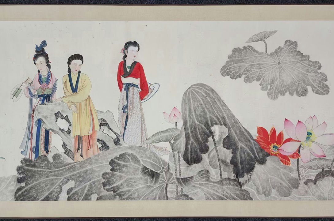 ■観心・時代旧蔵■C5653中国古書画 張大千 荷花仕女図長卷 長卷 書画長卷 水墨中国画巻物 肉筆逸品 肉筆保証品_画像7