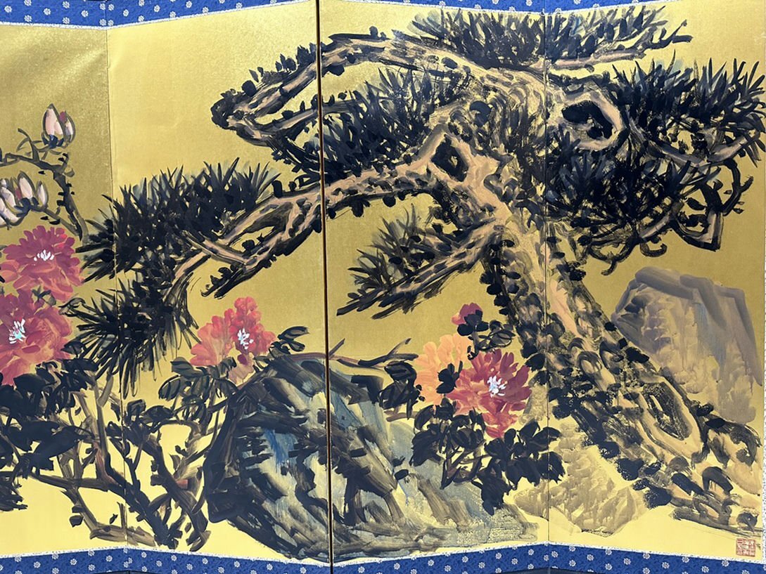 ■観心・時代旧蔵■C5868中国古書画 呉昌碩 花卉屏風 書画屏風 水墨中国画屏風 肉筆逸品 肉筆保証品_画像4