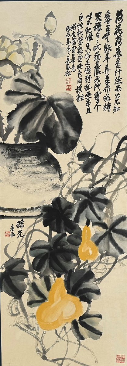 ■観心・時代旧蔵■C5610中国古書画 呉昌碩 花卉六屏 屏風 書画屏風 水墨中国画屏風 肉筆逸品 肉筆保証品_画像2