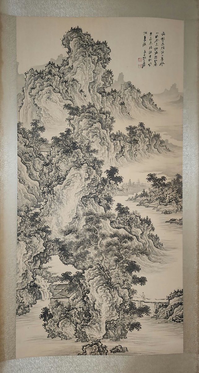 ■観心・時代旧蔵■C5666中国古書画 張大千 山水図 立軸 絹本 掛け軸 書画立軸 水墨中国画巻物 肉筆逸品 肉筆保証品_画像3