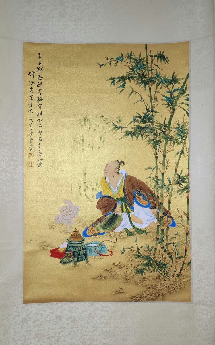 ■観心・時代旧蔵■C5624中国古書画 張大千 金紙 高士図 立軸 掛け軸 書画立軸 水墨中国画巻物 肉筆逸品 肉筆保証品_画像3