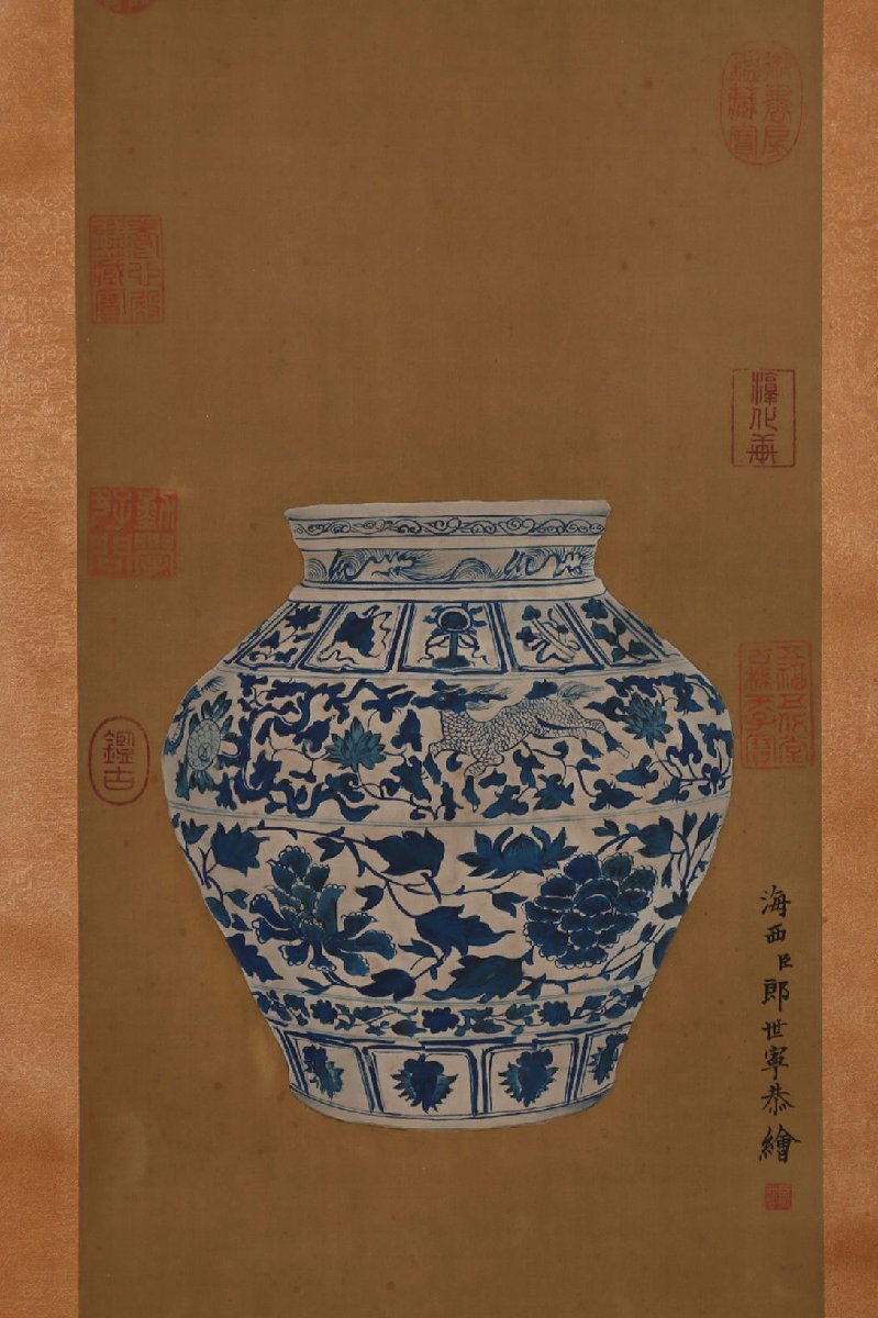 ■観心・時代旧蔵■C5811『中国古画 清時代 郎世寧 絹本立軸』元青花纏枝花卉罐・時代物・古陶磁・古賞物・旧家買出品_画像9