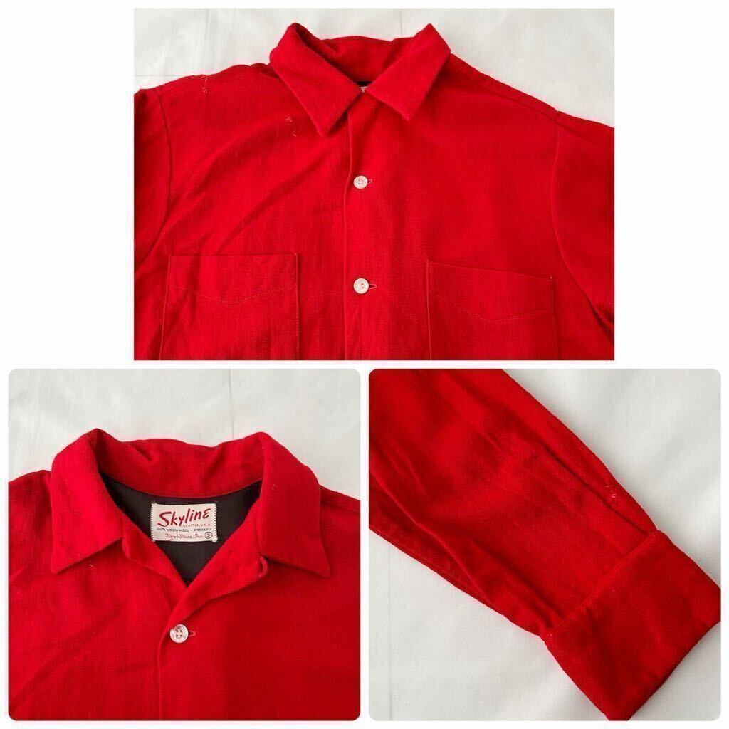 50s Skyline BOX wool shirt スカイライン ボックス ウールシャツ 長袖 赤 無地 ビンテージ （ 50年代 ロカビリー ドリズラー ファラオ 40s_画像8