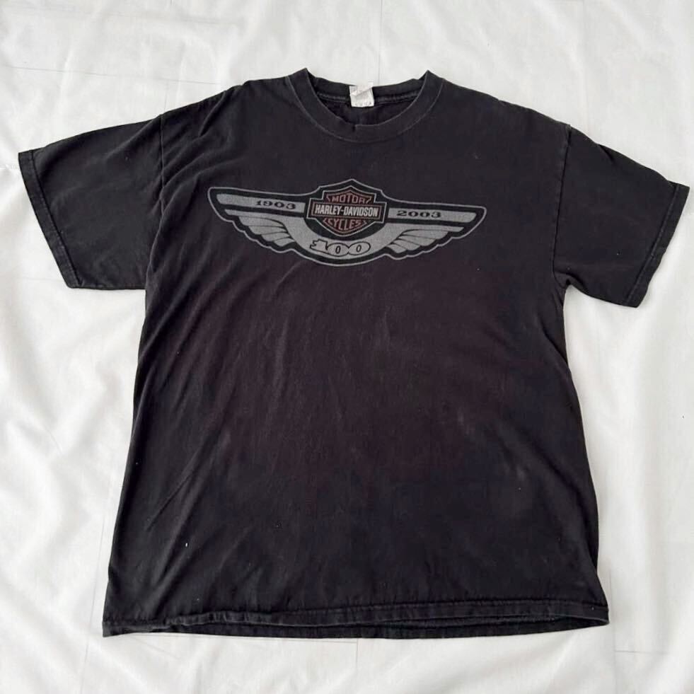 XL 黒 サンフェード 00s HARLEY DAVIDSON 100周年 限定 モデル Tシャツ 00年代 2003年 ビンテージ （ ハーレーダビッドソン 90s バイカー _画像1