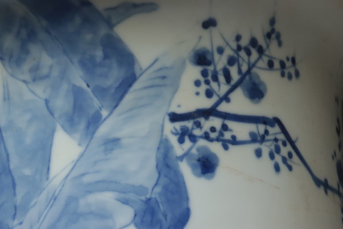 ER723 времена -слойный толщина старый Imari белый фарфор с синим рисунком .. лист слива документ орхидея горшок * цветочный горшок высота 26.5cm -слойный 5.9kg* бонсай горшок * синий цветок ... слива .. цветок поддон бонсай инструмент 