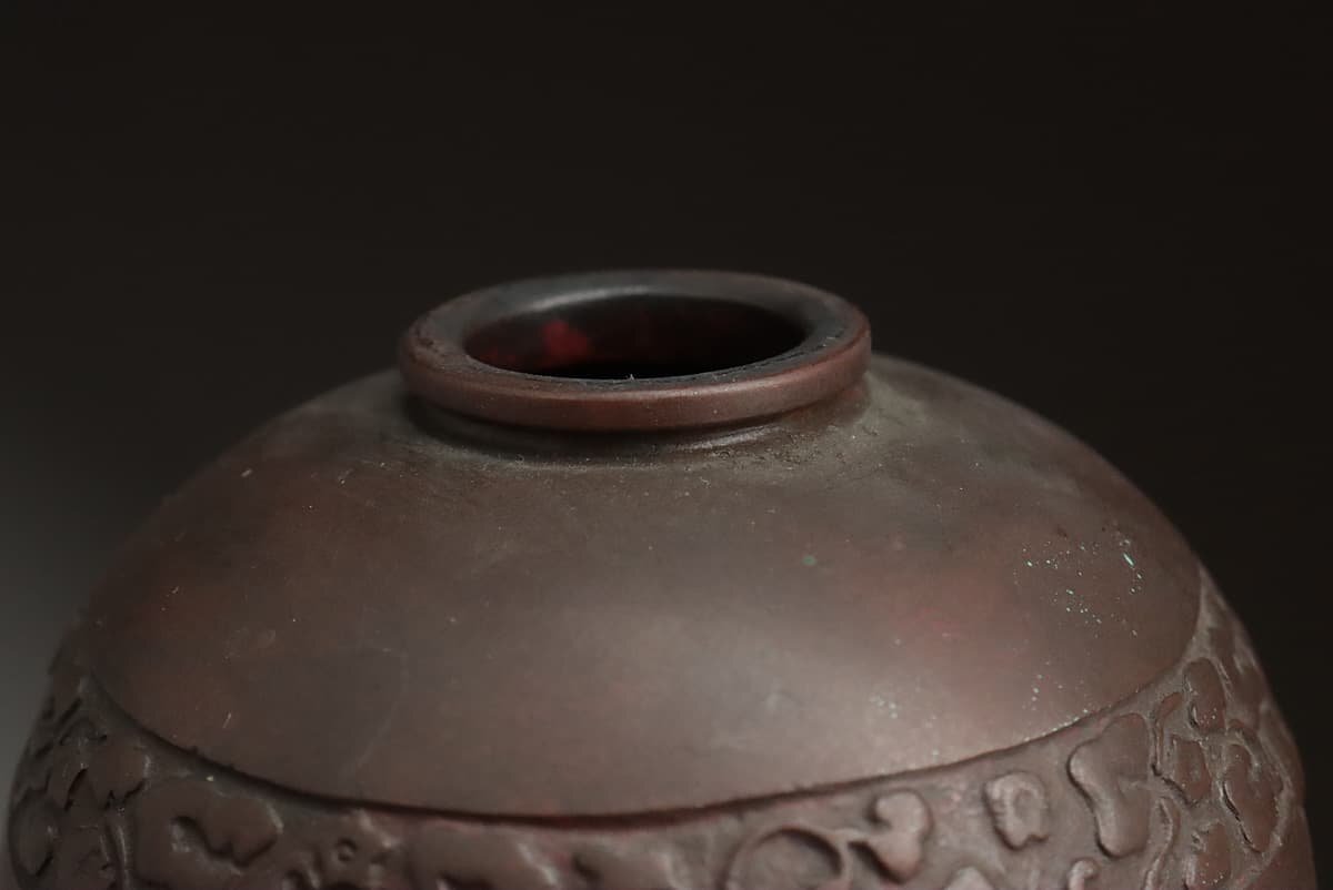 ES481 [. on dragon . work ]. copper . Tang . obi writing circle vase height 9.2cm -ply 420g* small vase * flower go in * flower raw 