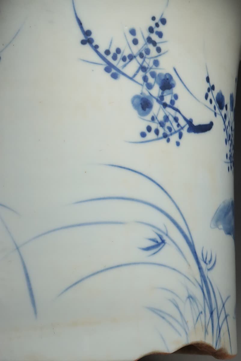 ER723 времена -слойный толщина старый Imari белый фарфор с синим рисунком .. лист слива документ орхидея горшок * цветочный горшок высота 26.5cm -слойный 5.9kg* бонсай горшок * синий цветок ... слива .. цветок поддон бонсай инструмент 