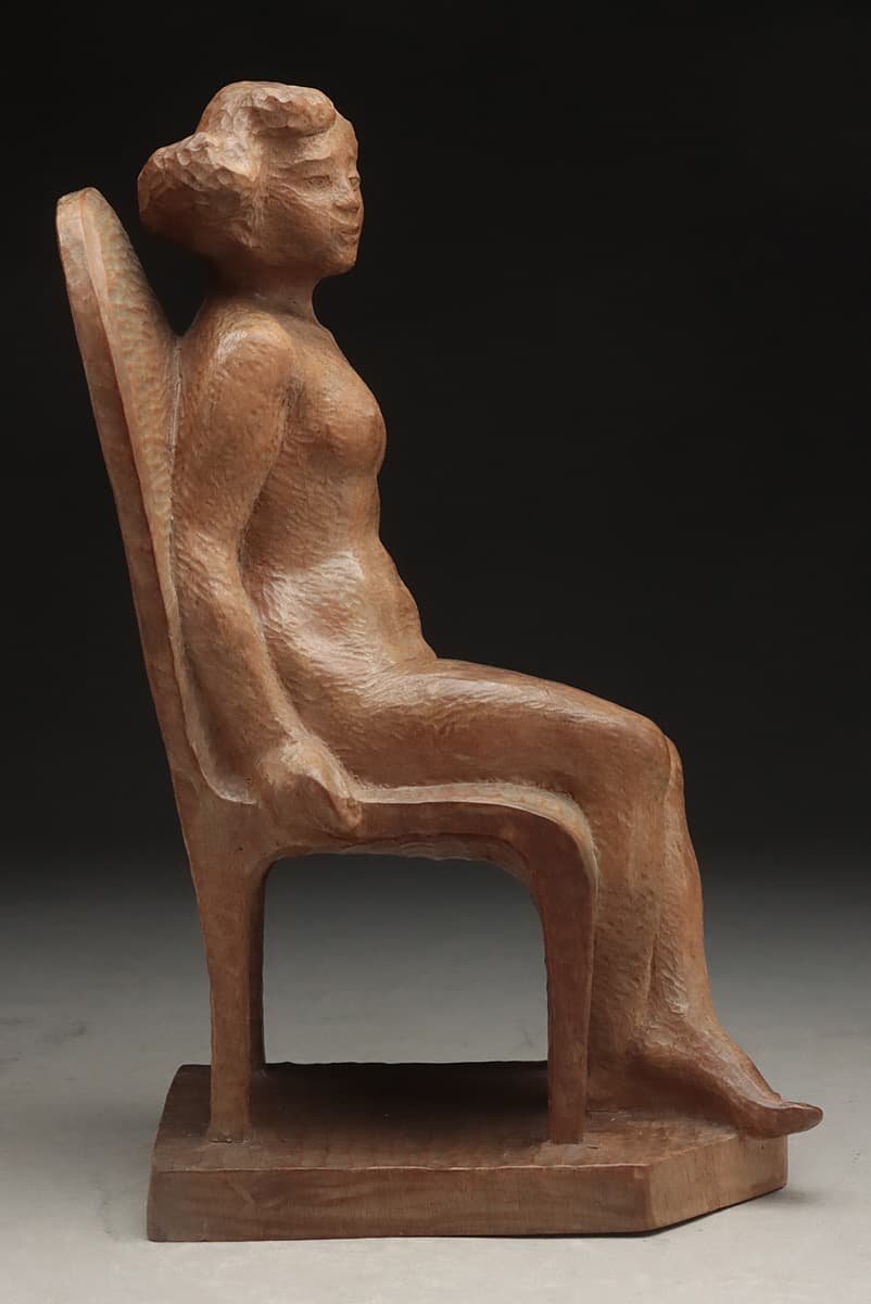 ES598 【森野圓象 作(円象)】木彫裸婦「椅子に座る女性」置物 高25.3cm 重600g・「裸体・ヌード・女性」_商品詳細もご覧ください
