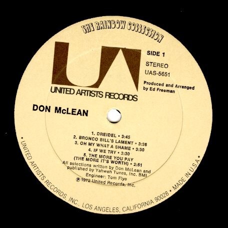 USオリジLP！ Don McLean / S.T. 72年【United Artists Records / UAS 5651】 シンガーソングライター Bronco Bill's Lament フォーク_画像2