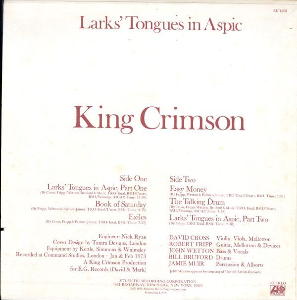 USプレスLP！King Crimson / Larks' Tongues In Aspic【Atlantic / SD 7263】キング・クリムゾン 太陽と戦慄 Bill Bruford イエス プログレの画像4